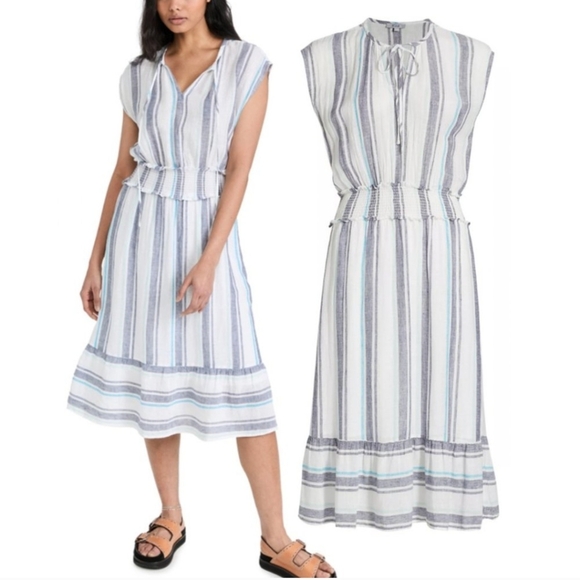 Rails Ashlynn Linen Blend Tiered Midi Dress In Aegean Blue Stripe - Picture 1 of 6